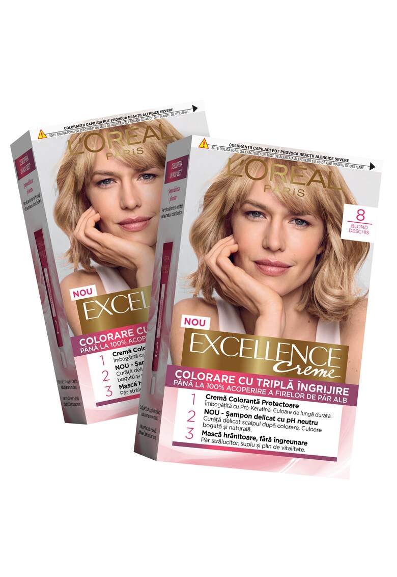 Pachet promo: 2 x Vopsea de par permanenta cu amoniac Excellence Creme 8 Blond Deschis - 192 ml