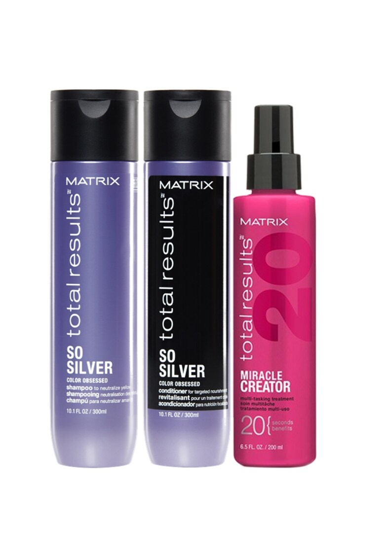 Set '' BLOND RECE '' Total Results SO SILVER : Sampon Matrix Total Results So Silver 300ml + Balsam Matrix Total Results So Silver 300ml + Spray de ingrijire multifunctional Matrix Total Results Miracle Creator 20 - 200ml