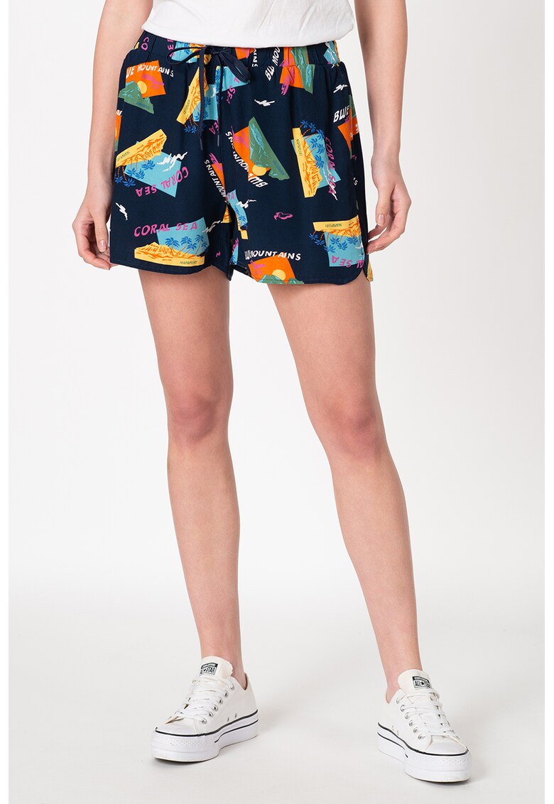 Pantaloni scurti cu imprimeu grafic si talie cu snur de ajustare - Verde/Galben/Bleumarin