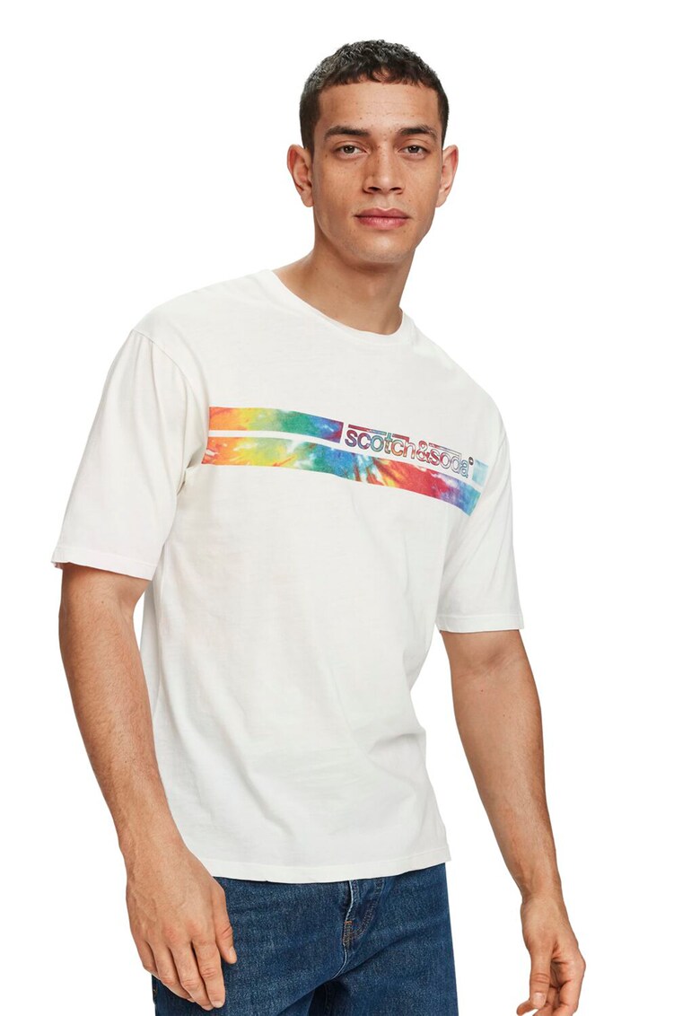 Tricou cu decolteu la baza gatului si logo cu model tie-dye