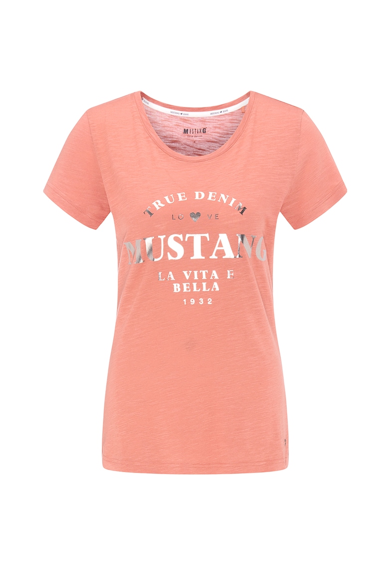 Tricou din amestec de modal si aplicatie text metalizata - Roz somon/Argintiu