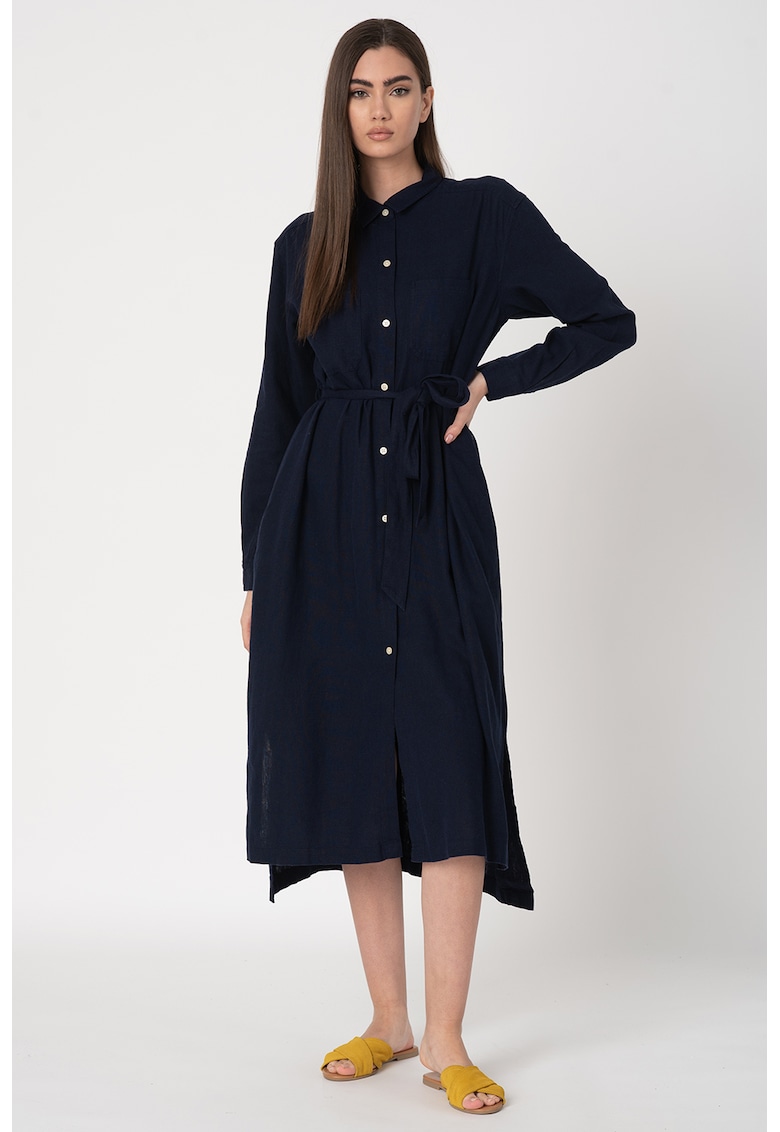 Rochie midi din amestec de in cu cordon in talie