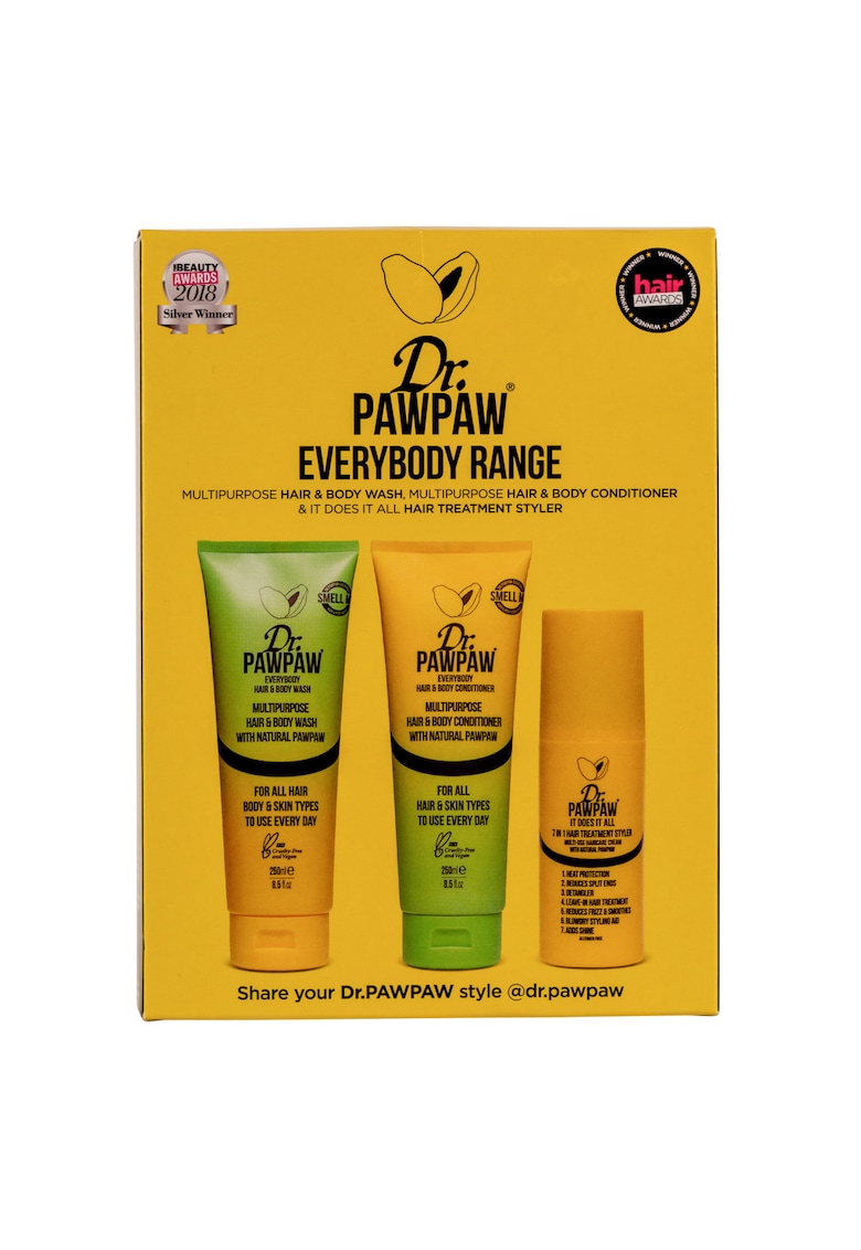 Set Dr PawPaw - Perfect Hair cu papaya: Sampon si gel de dus - 250 ml + Balsam pentru par si corp - 250 ml + Tratament ingrijire par 7 in 1 - 150 ml