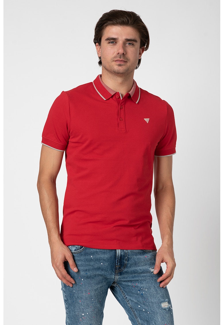 Tricou polo slim fit cu guler contrastant