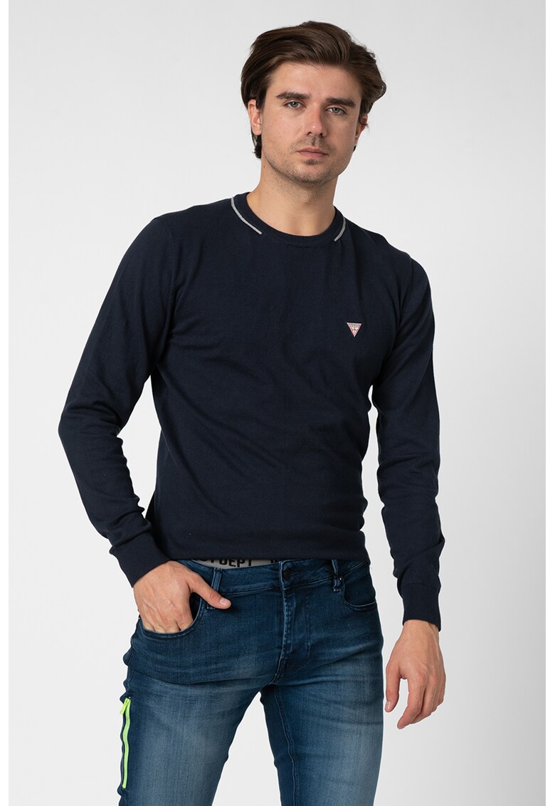 Pulover slim fit din tricot fin cu aplicatie logo