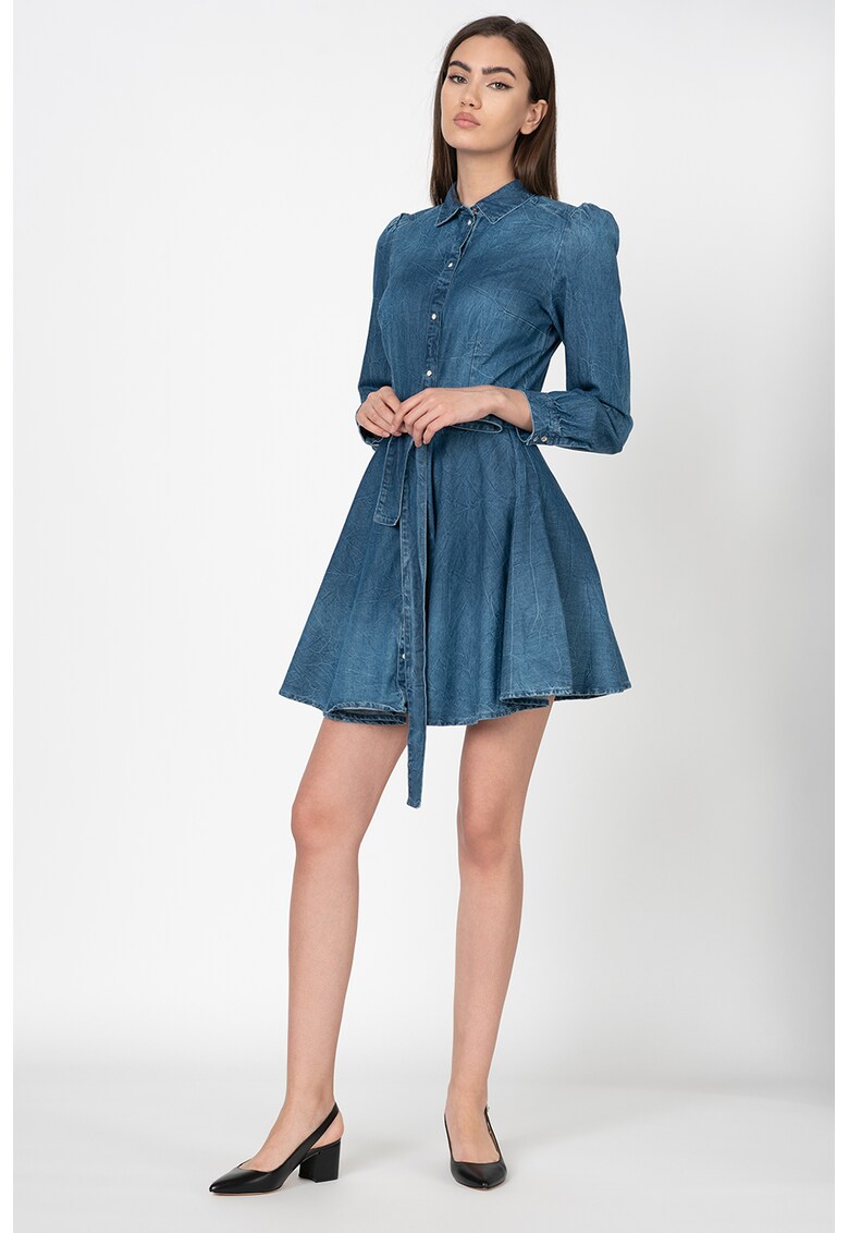 Rochie tip camasa din denim - cu croiala evazata si cordon