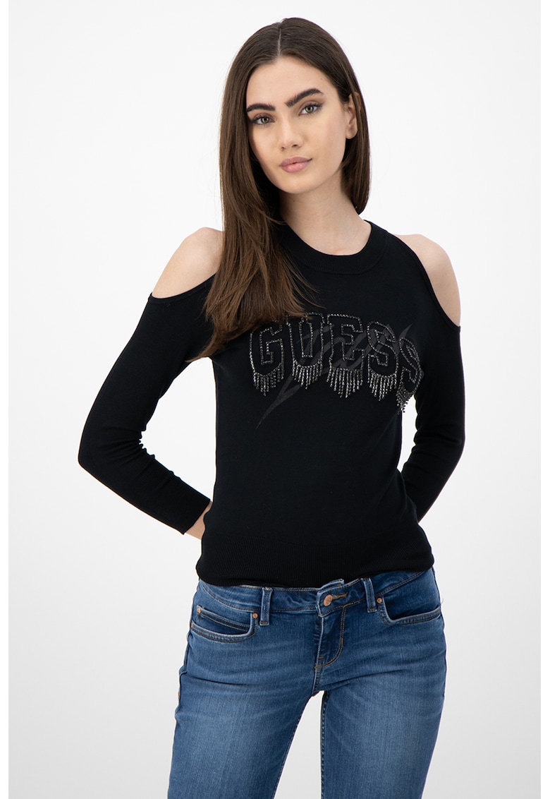 Pulover cu decupaje pe umeri si aplicatie logo