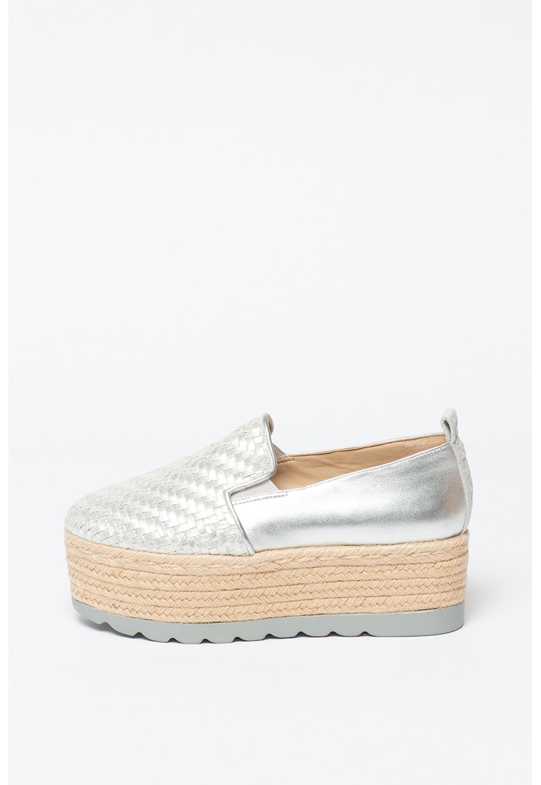 Espadrile flatform de piele ecologica cu aspect metalizat