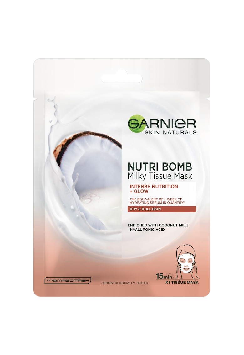 Masca servetel Nutribomb cu lapte de cocos si acid hialuronic pentru ten uscat si tern - 28 g