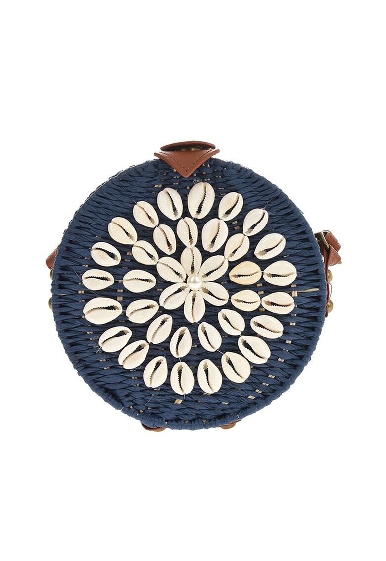 Geanta rotunda de paie de hartie - cu bareta de umar - decorata cu scoici