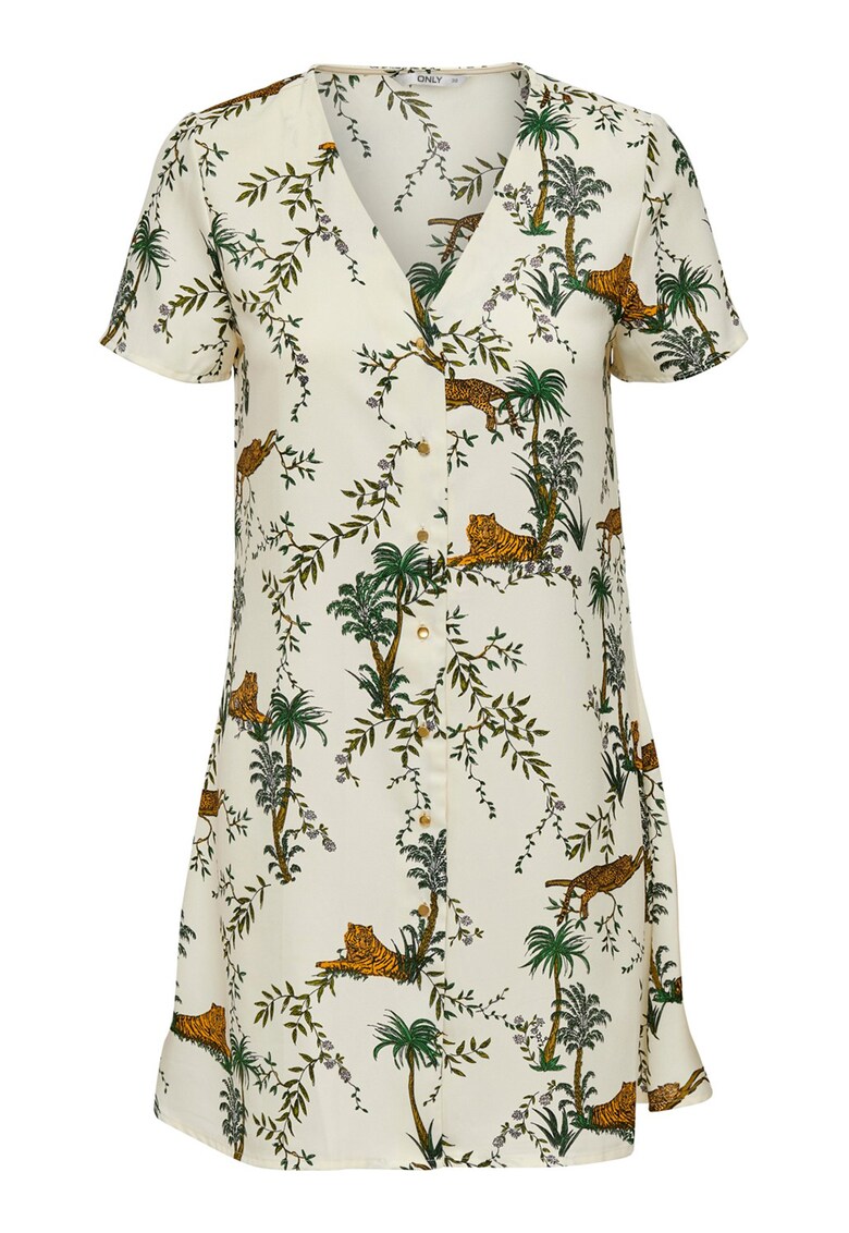 Rochie cu imprimeu tropical si decolteu in V