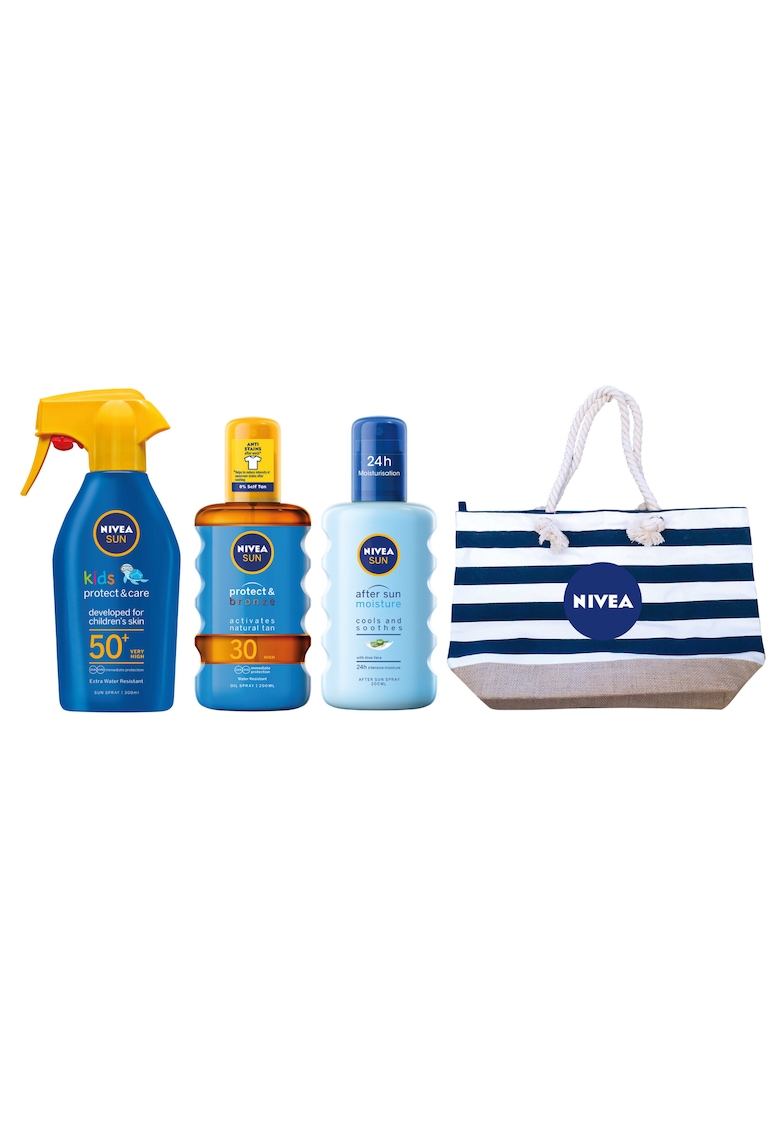 Set ingrijire solara : Spray cu protectie solara Kids Protect & Care SPF 50+ - 300 ml + Ulei autobronzant cu protectie solara Protect & Bronze SPF 30 - 200 ml + Spray dupa plaja After Sun Moisture - 200 ml + Geanta de plaja