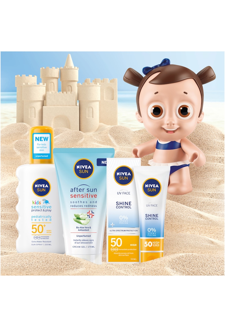 Set ingrijire solara : Spray cu protectie solara Kids Sensitive Protect & Play SPF 50+ - 200 ml + Crema-gel dupa plaja After Sun Sensitive - 175 ml + Crema de fata cu protectie solara UV Face Shine Control SPF 50 - 50 ml + Papusa Lotte