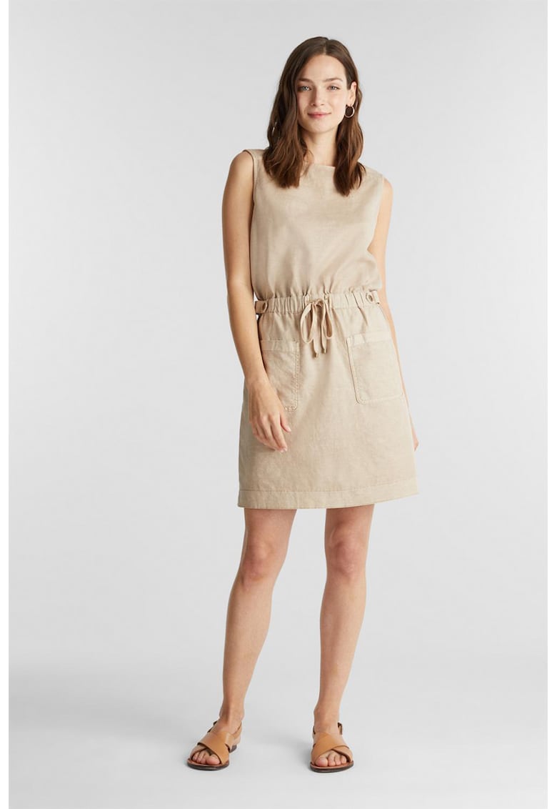 Rochie mini din amestec de in fara maneci - cu snur de ajustare in talie
