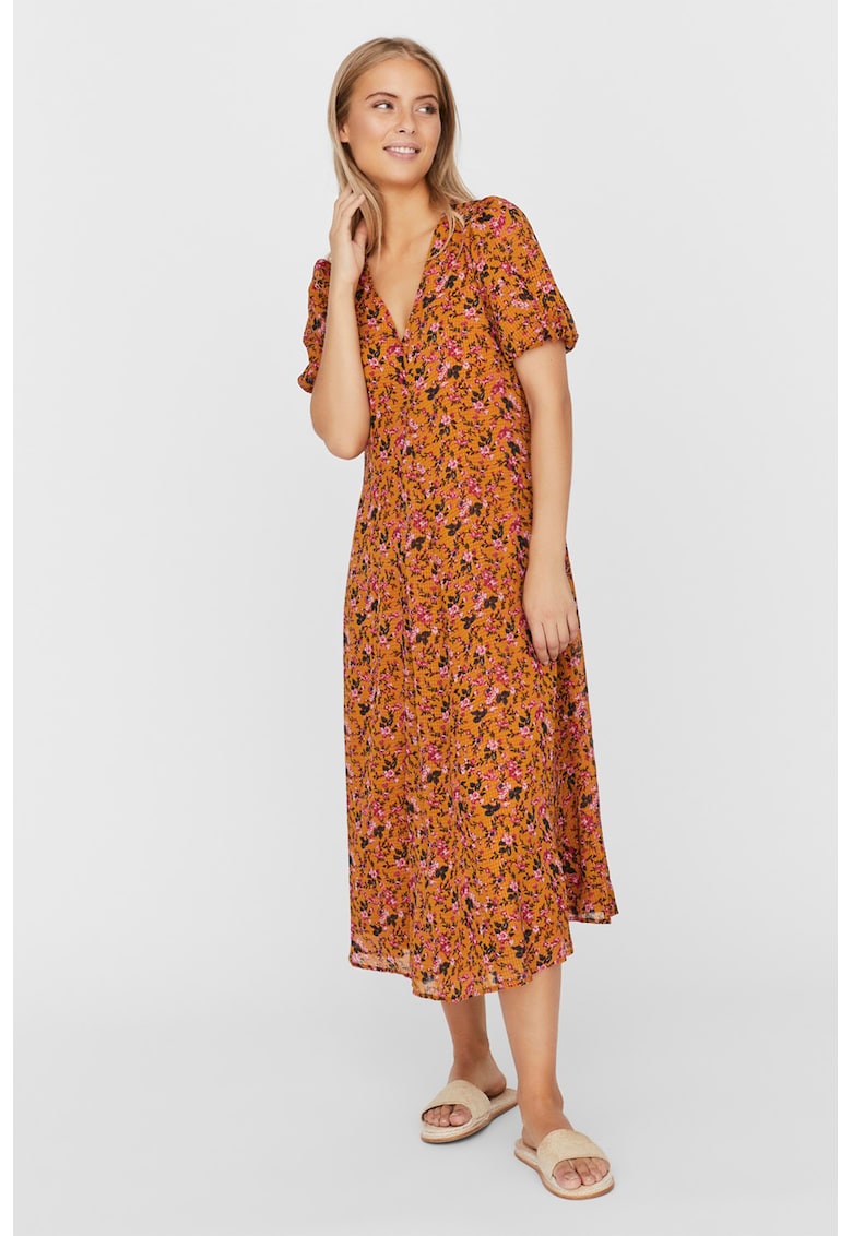Rochie midi cu decolteu in V si imprimeu floral