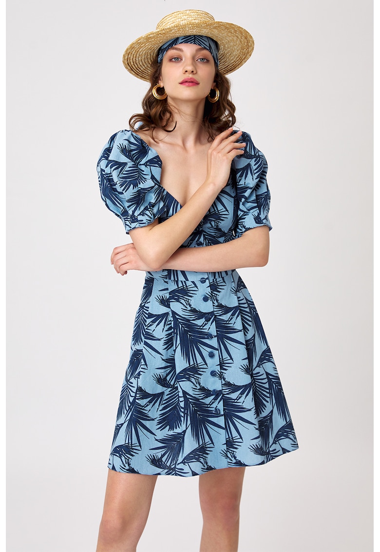 Rochie evazata din amestec de in - cu model tropical