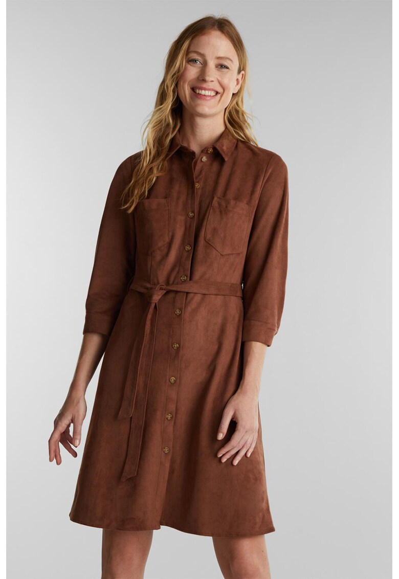 Rochie mini cu croiala in A si aspect de piele intoarsa