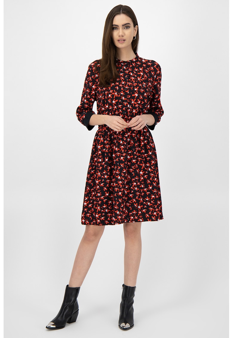 Rochie evazata cu model floral si guler Mao