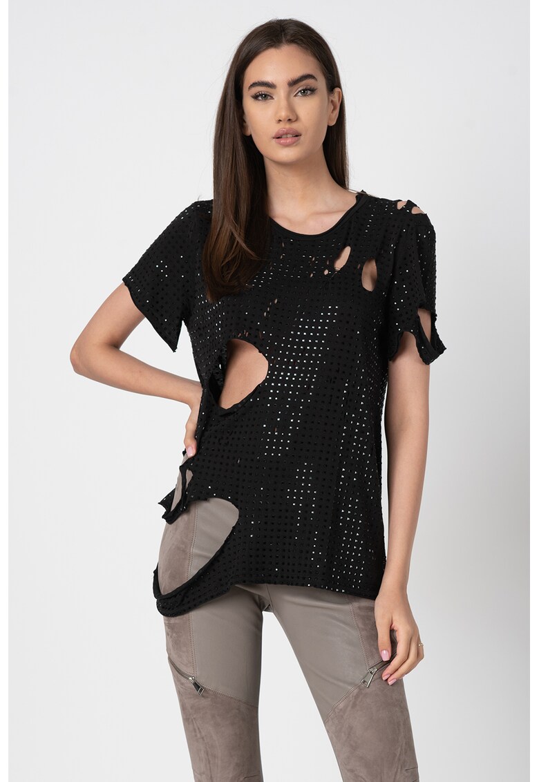 Tricou cu rupturi decorative si strasuri T-Raty