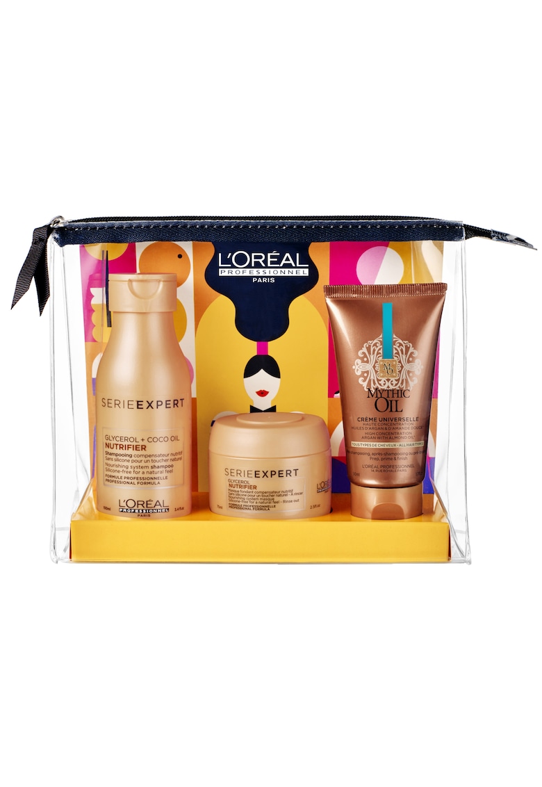 Set pentru ingrijirea parului uscat Serie Expert Nutrifier & Mythic Oil: Sampon Nutrifier format de calatorie 100m - Masca Nutrifier format de calatorie 75ml - Crema Universala Mythic Oil format de calatorie 50ml