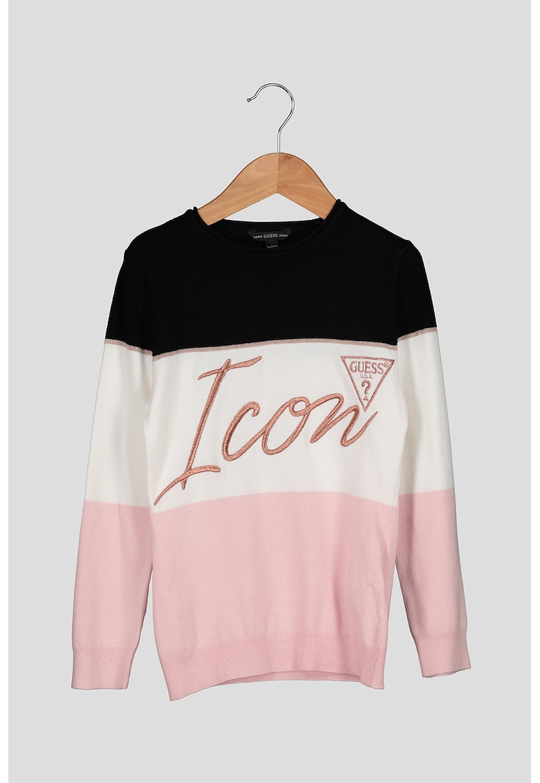 Pulover cu model colorblock si text brodat