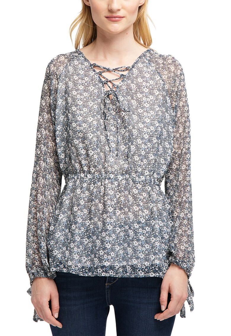 Bluza cu imprimeu floral - cu talie cambrata - Alb/Negru stins/Albastru