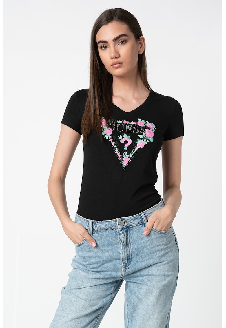 Tricou cu decolteu in V si logo cu model floral