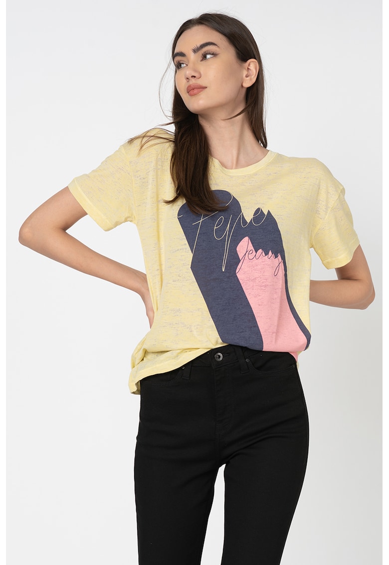 Tricou cu decolteu la baza gatului si imprimeu grafic Alexa