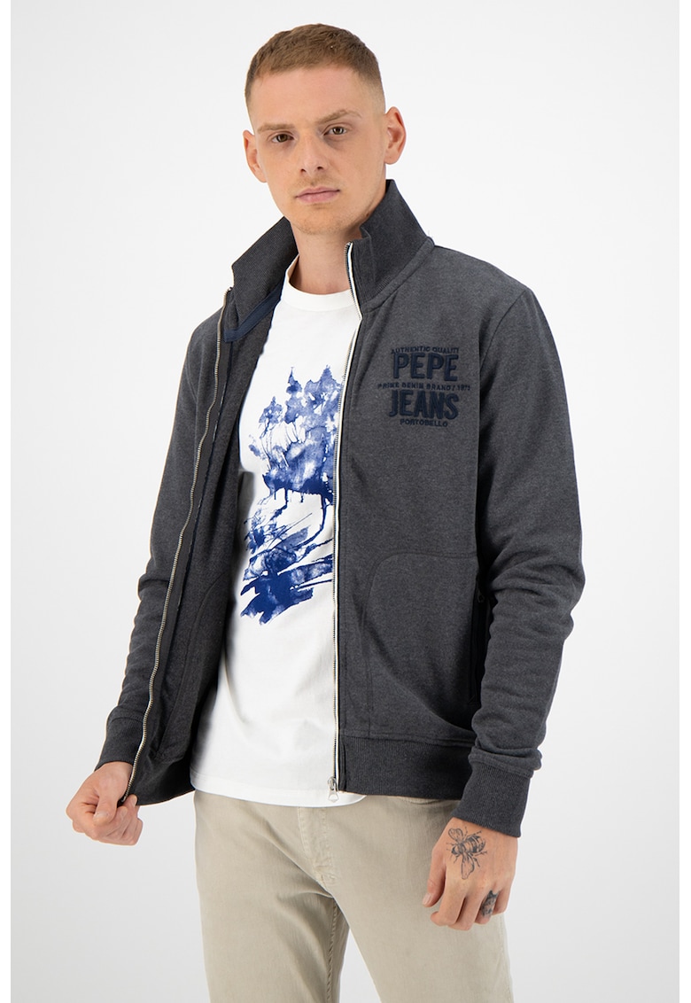 Bluza sport cu fermoar si broderie logo - Gri -