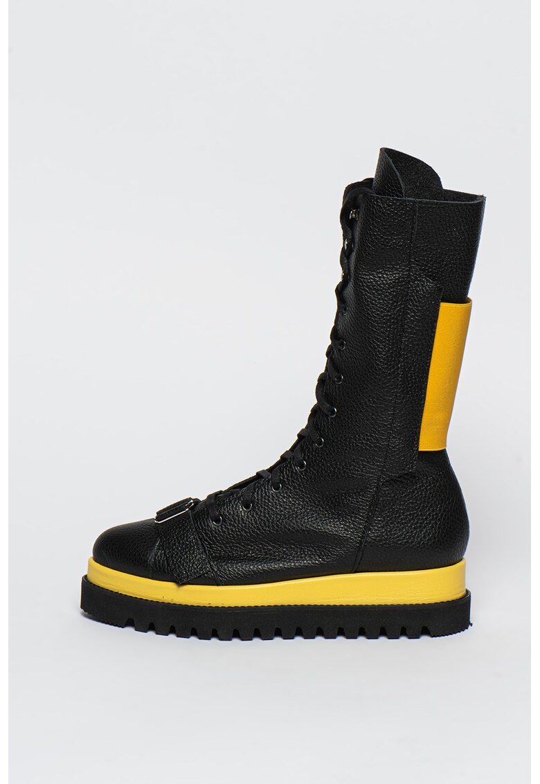 Ghete mid-calf din piele cu talpa wedge si catarama decorativa Ghete mid-calf din piele cu talpa wedge si catarama decorativa