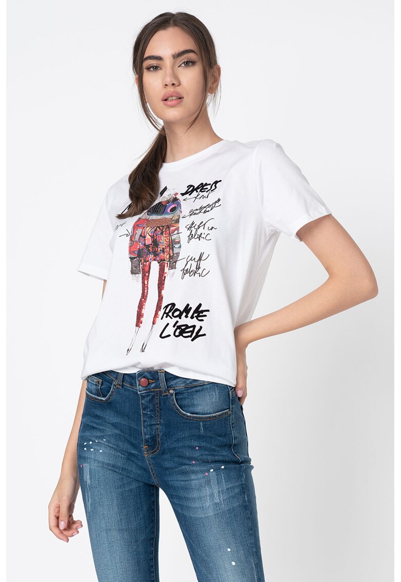 Tricou din bumbac cu imprimeu si aplicatii din paiete