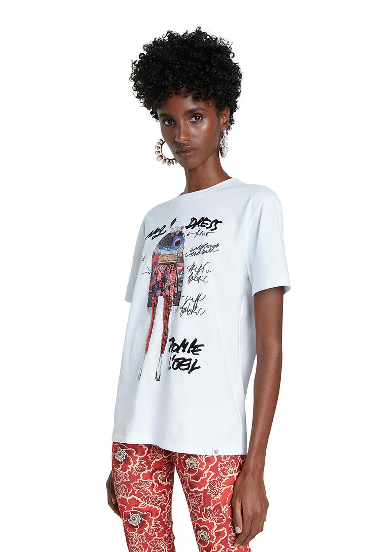 Tricou din bumbac cu imprimeu si aplicatii din paiete