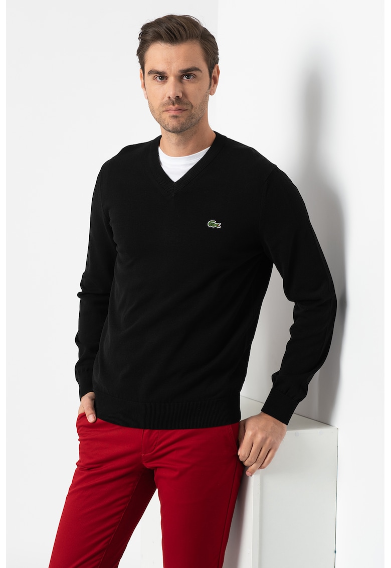 Lacoste Pulover regular fit din bumbac organic cu decolteu in V - Negru
