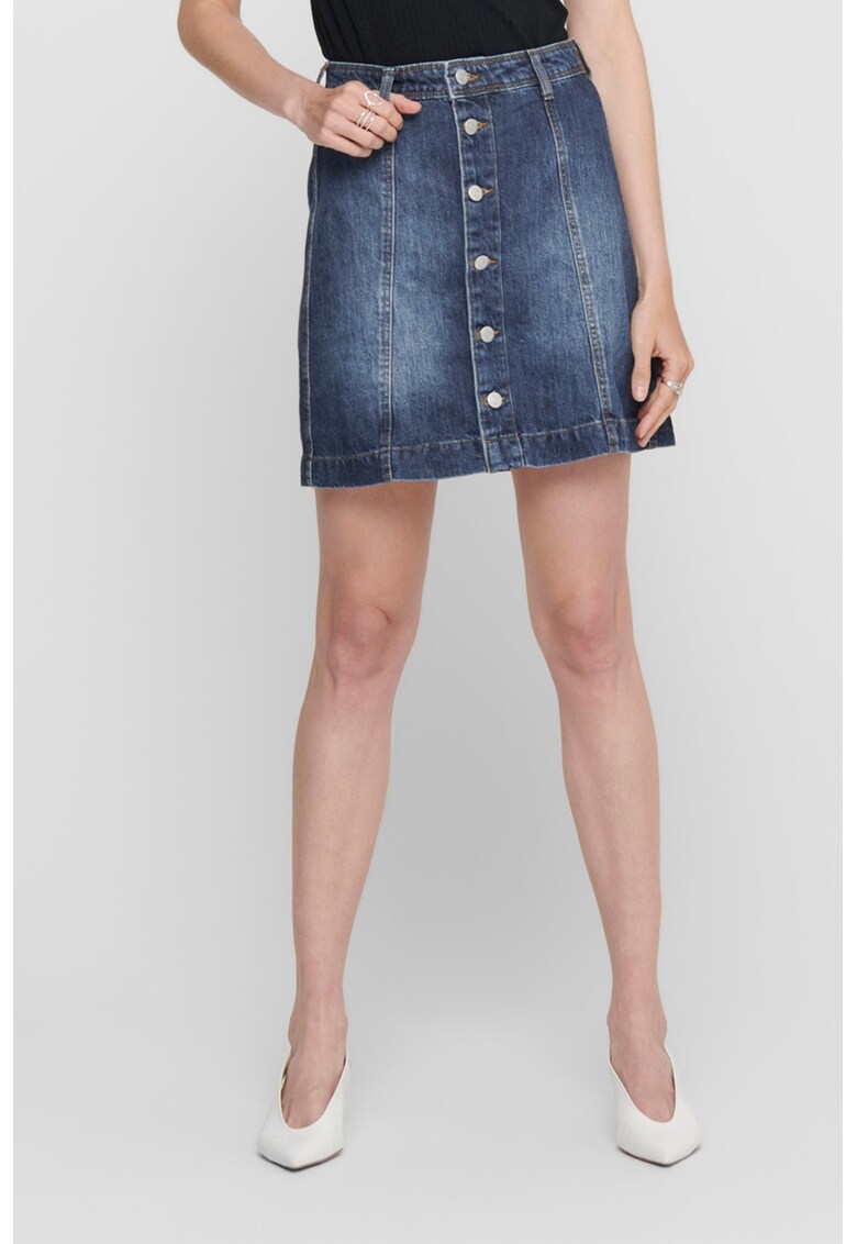 Fusta din denim cu nasturi si detalii cu aspect decolorat