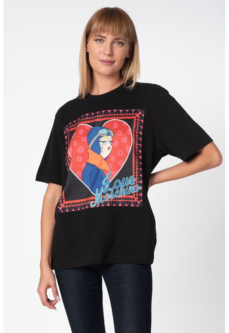 Tricou cu imprimeu grafic si strasuri