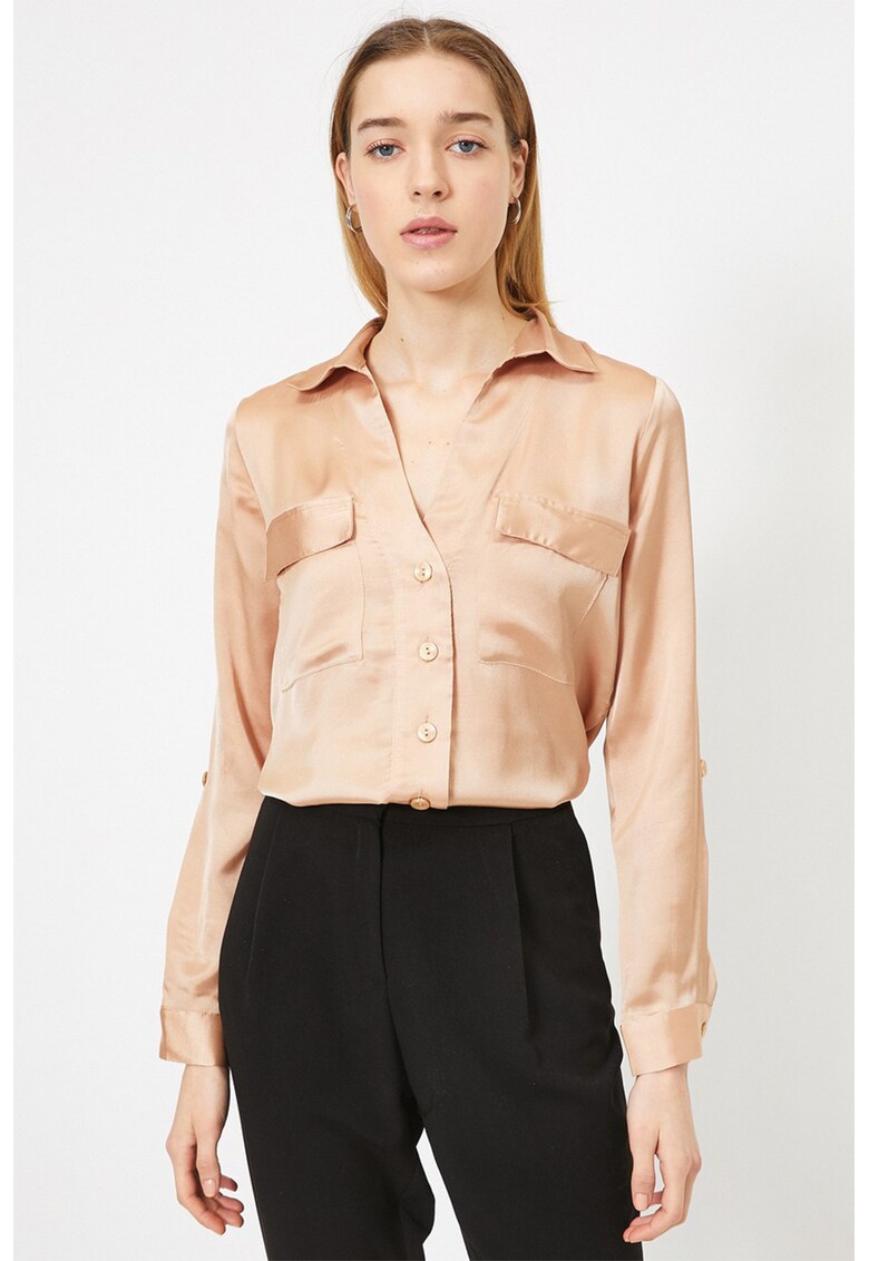 Camasa cu aspect de satin si buzunare aplicate Camasa cu aspect de satin si buzunare aplicate