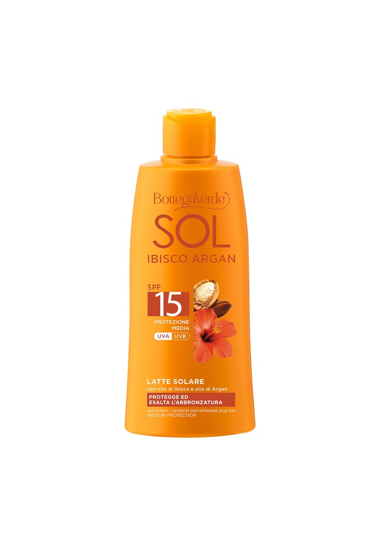 Lapte pentru corp - protejeaza si ajuta la intensificarea bronzului - cu ulei de hibiscus si cu ulei de argan - SPF 15 - Sol Ibisco Argan - 200 ML -