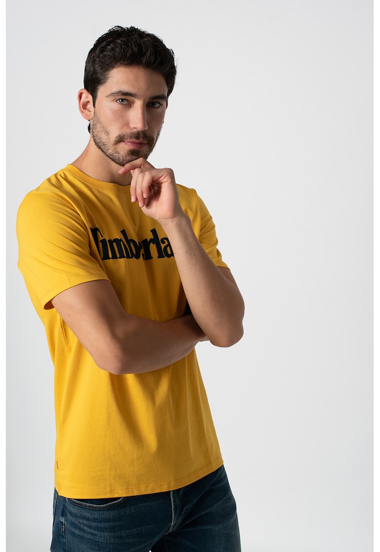 Tricou cu imprimeu logo si decolteu la baza gatului Linear