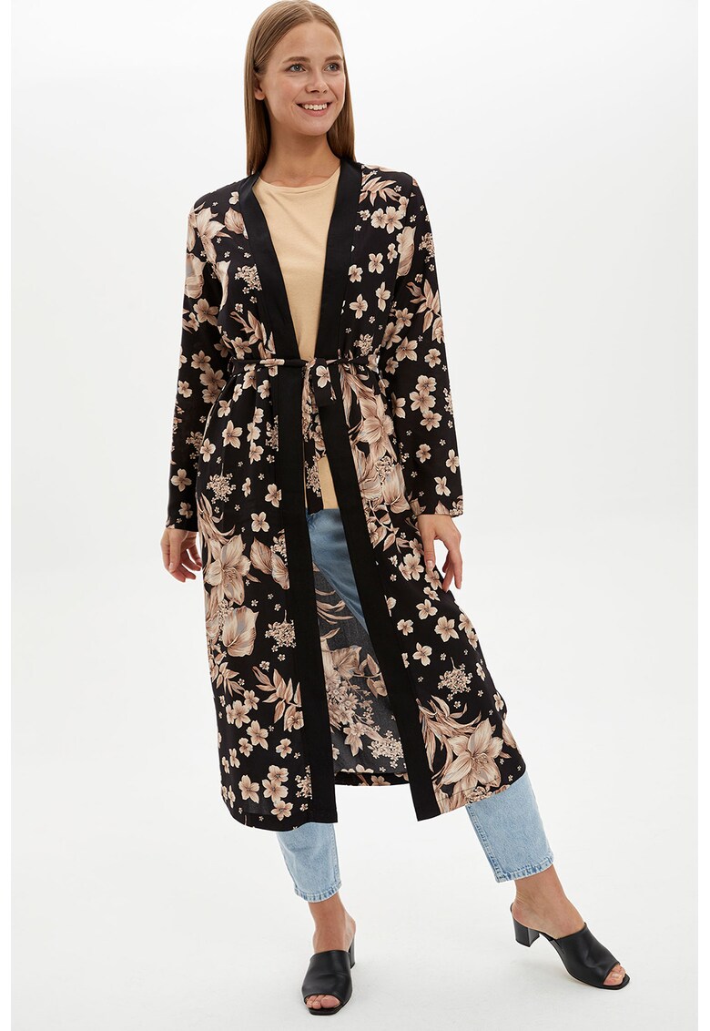 Cardigan cu imprimeu floral si cordon