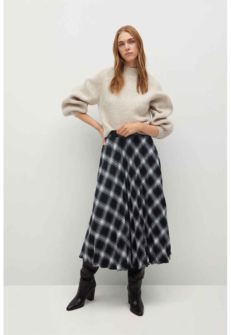 Fusta midi plisata cu model tartan