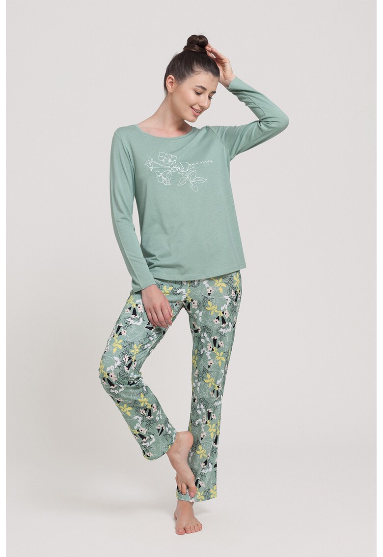 Pijama din amestec de modal - cu bluza si pantaloni - cu model floral