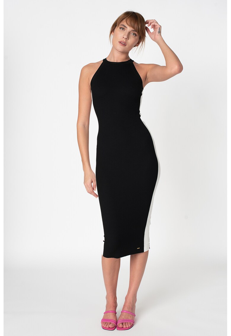 Rochie midi cu bretele halter si benzi laterale contrastante