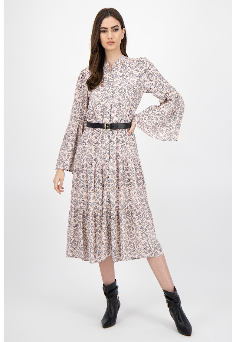 Rochie midi cu imprimeu si maneci clopot