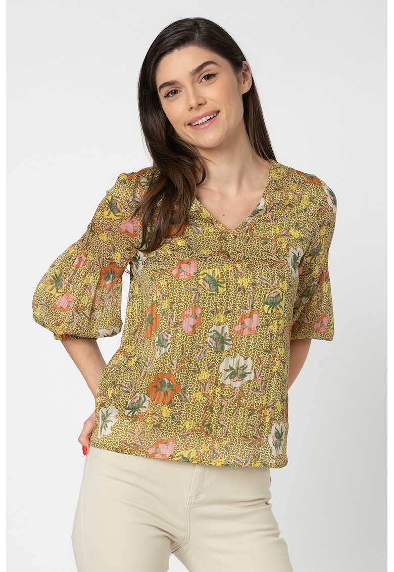 Bluza cu decolteu in V si model floral Cille