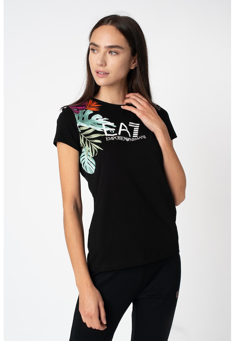 Tricou cu decolteu la baza gatului - imprimeu logo si grafic