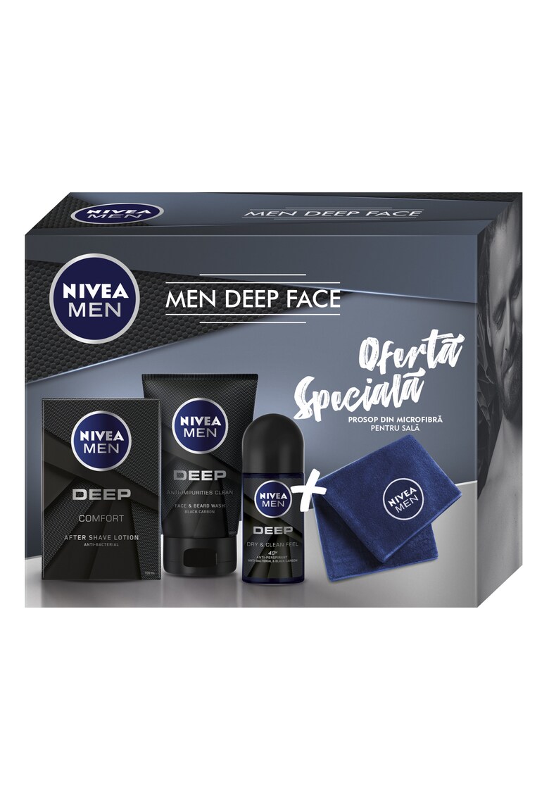 Set cadou : Gel de curatare Men Deep - 100 ml + Deodorant roll-on Nivea Men Deep - 50 ml + Lotiune dupa ras Nivea Men Deep - 100 ml + Prosop
