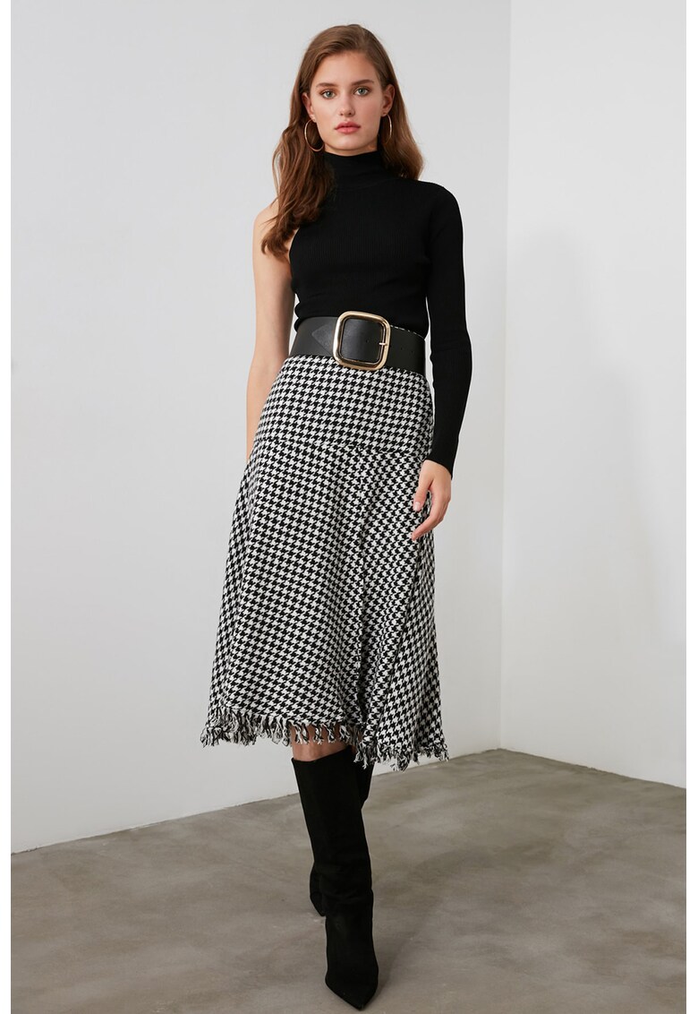 Fusta midi din tuid cu model houndstooth