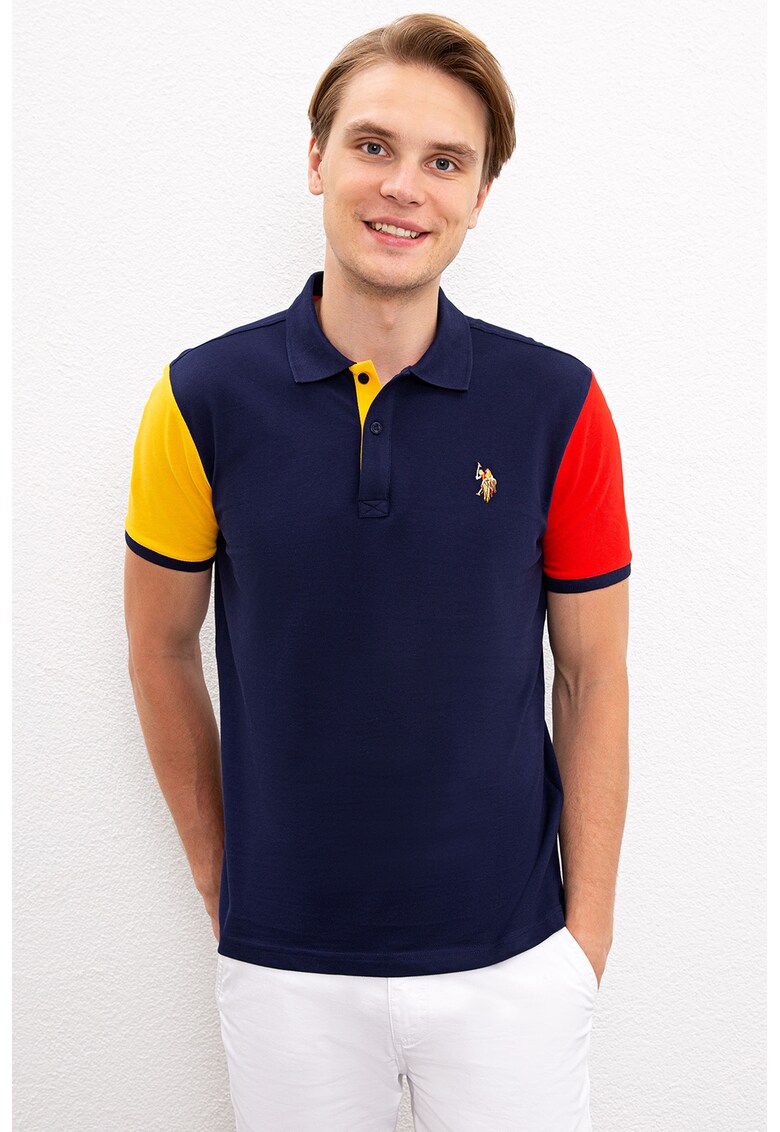 Tricou polo slim fit cu maneci contrastante