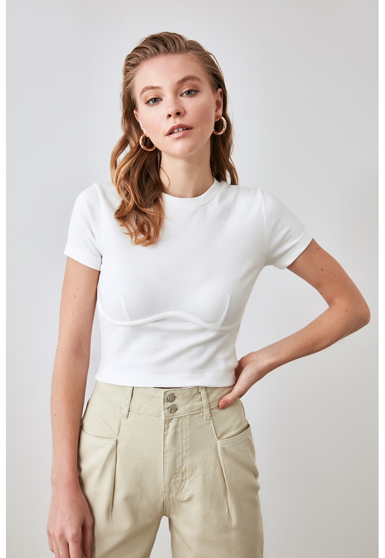 Bluza crop cu maneci scurte si striatie in relief