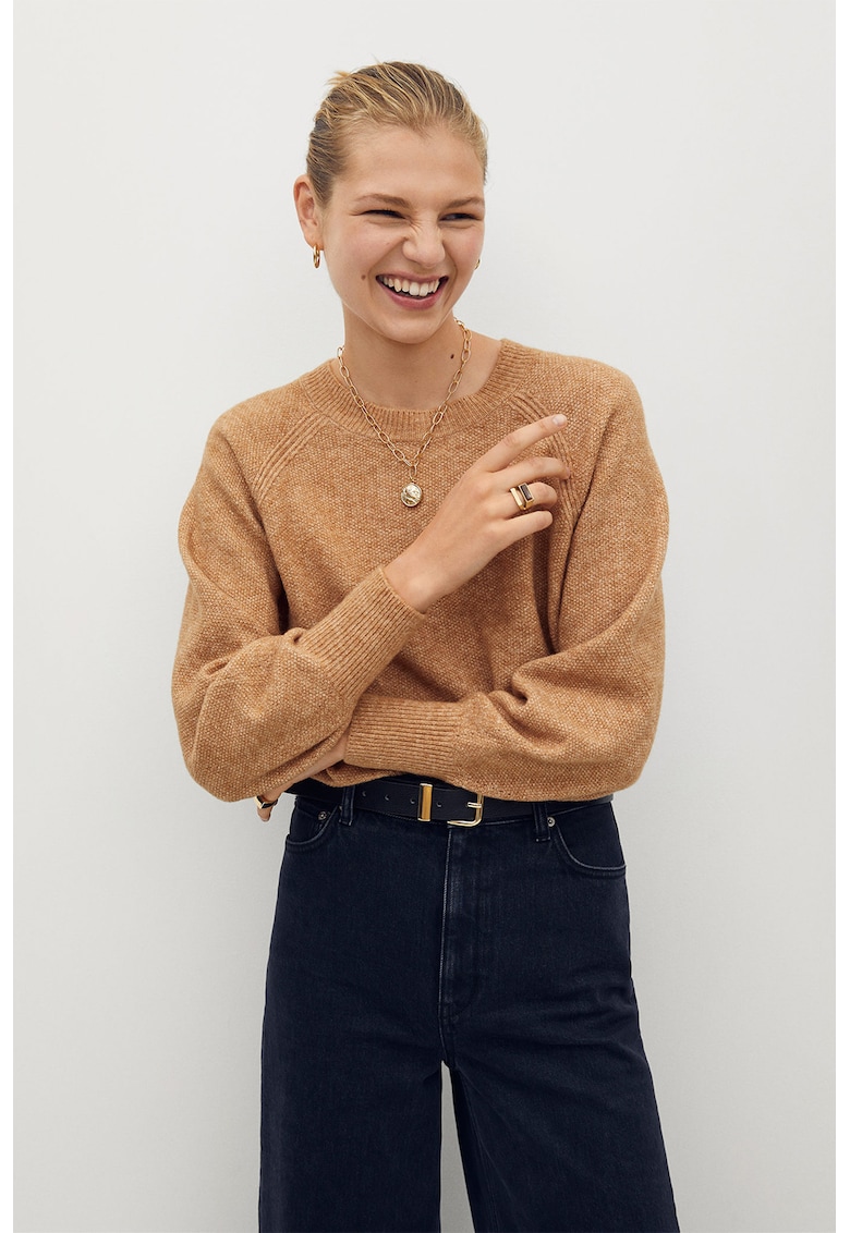 Pulover tricotat fin cu maneci raglan Broome - Maro camel